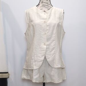 BMJL | Women's Beige Linen Blend Button Up Lightweight Vest and Shorts Set